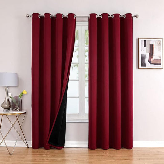 ChrisDowa 100% Blackout Curtains for Bedroom with Black Liner, 2 Thick Layers Total Blackout Thermal Insulated Grommet Long Window Curtains 2 Panels Set (Burgundy, 52 x 95 Inch)