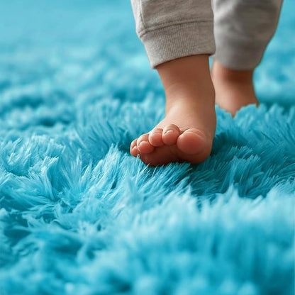 Amdrebio Blue Round Rug 5Ft for Bedroom, Fluffy Circle Area Rugs for Kids Room Baby Nursery Playroom, Living Room Decor Aesthetic, Plush Shaggy Fuzzy Turquoise Carpet for Apartment Preppy Classroom