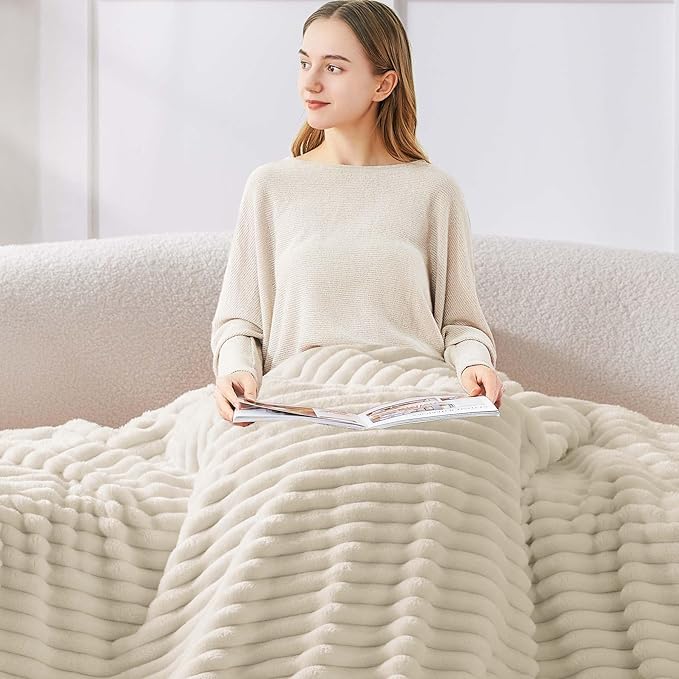 BEDELITE King Size Blanket for Bed, 300GSM Soft & Warm Fleece Blanket, Decorative and Giftable Striped Beige Blankets for Women, Men, 108"x90"
