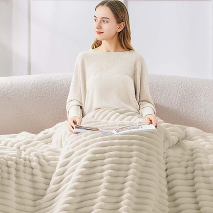 BEDELITE King Size Blanket for Bed, 300GSM Soft & Warm Fleece Blanket, Decorative and Giftable Striped Beige Blankets for Women, Men, 108"x90"