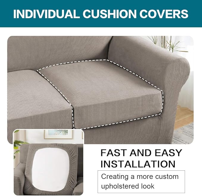 Turquoize 3 Piece Sofa Covers for 2 Cushion Couch Sofa Slipcover Soft Couch Cover for Dogs-Washable Sofa Furniture Covers with 2 Individual Cushion Covers Jacquard Fabric (2 Cushion Sofa, Taupe)