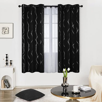 Deconovo Blackout Curtains for Bedroom, 72 Inch Length - Room Darkening Curtains, Window Grommet Curtains, Wave Line and Dots Pattern (W38 X L72, Black, Set of 2)