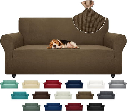 ZNSAYOTX Super Stretch Couch Cover (72"-92") Universal Sofa Covers with Elastic Bottom, Dog Cat Pets Friendly Washable Furniture Protector Fitted Sofa Slipcovers Stay in Place (Brown, Sofa)