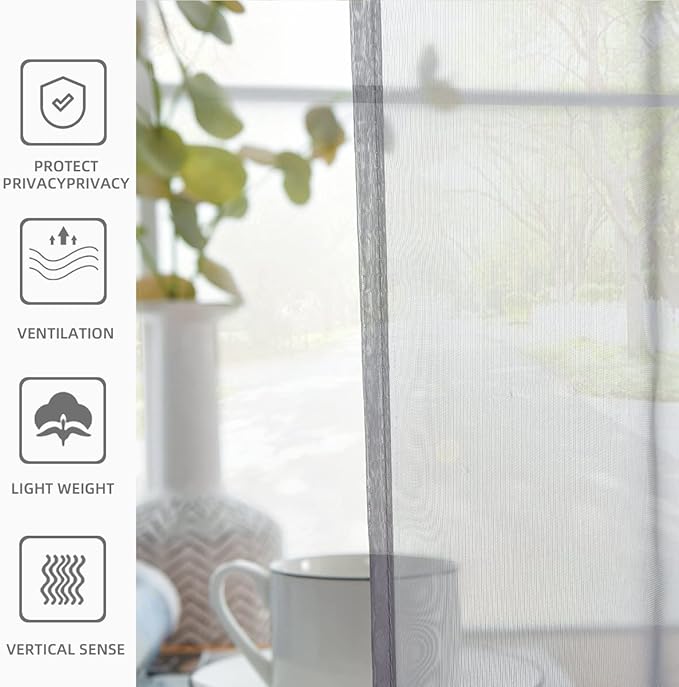 youleyar Solid Sheer Rod Pocket Curtain Voile Draperies 2 Panels White Beige Black Grey Coffee 52 Inch Width 72 Inch Long 1 Pair for Kitchen Bedroom Children Living Room Yard(Grey,52Wｘ72L)