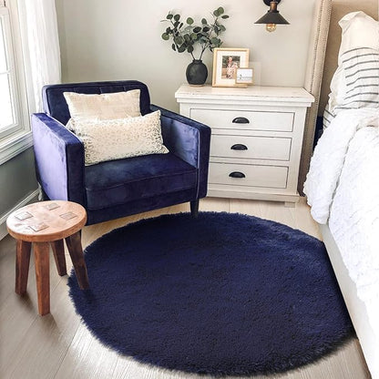 Dark Navy Round Rugs 5Ft for Teen Boys Bedroom, Circular Fluffy Shag Fuzzy Plush Circle Area Rug for Kids Room, Living Room Decor Aesthetic, Indigo Furry Cool Dark Blue Carpet for Dorm Baby Nursery