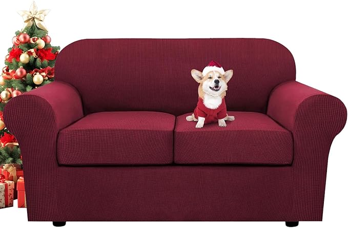 H.VERSAILTEX 3 Piece Stretch Sofa Covers for 2 Cushion Loveseat Couch Covers for Living Room Furniture Cover (Base Cover Plus 2 Seat Cushion Covers) Thicker Jacquard Fabric(Medium Sofa, Burgundy)