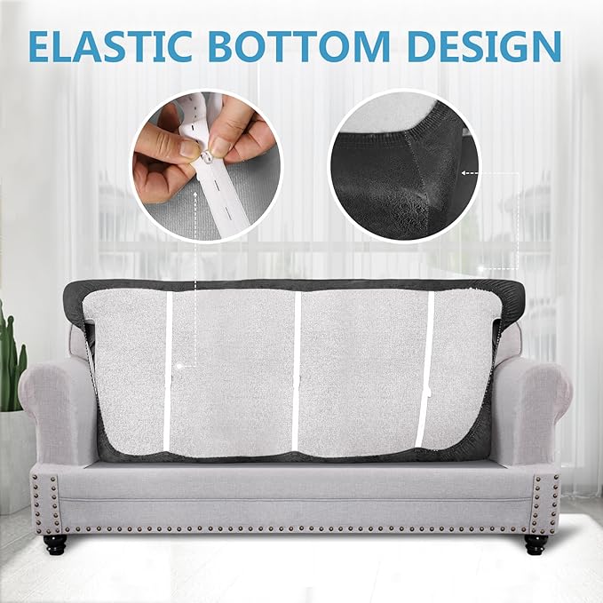 Leather Look Couch Cushion Covers Sofa Seat Slipcovers Sets Couches Furniture Protector for Sectional Armchair Loveseat Pets Kids Stretch Spandex Fabric (1 T-Cushion Sofa, Dark Grey)
