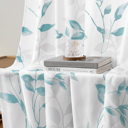 HOMEIDEAS Non-See-Through Teal and White Privacy Sheer Curtains 52 X 63 Inch Length 2 Panels, Leaf Floral Printed Light Filtering Semi Sheer Window Curtains Drapes for Bedroom Living Room