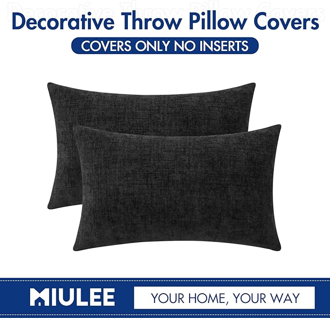 MIULEE Halloween Pack of 2 Couch Throw Pillow Covers 12x20 Inch Soft Black Chenille Lumbar Pillow Covers for Sofa Living Room Solid Dyed Cases