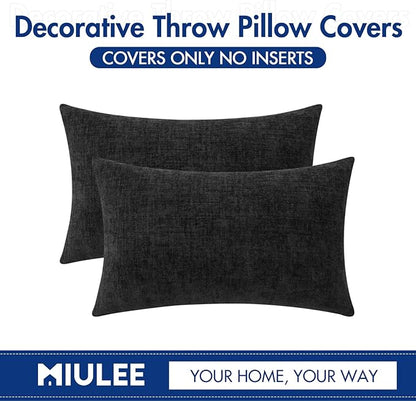 MIULEE Halloween Pack of 2 Couch Throw Pillow Covers 12x20 Inch Soft Black Chenille Lumbar Pillow Covers for Sofa Living Room Solid Dyed Cases