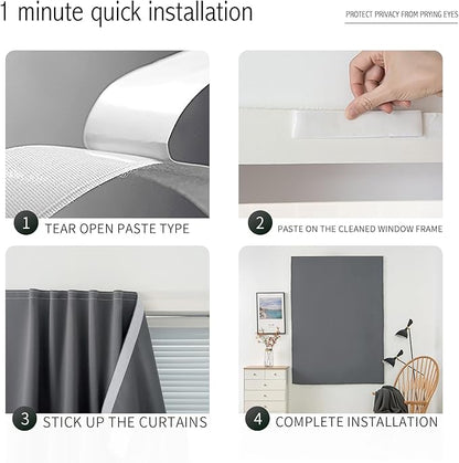 Magic Tape Stick On Curtains Window Shades Pull Down Blackout Window Cover Blackout Curtains for Bedroom No Drillng Self Adhesive Curtains No Rod Small Curtain, 59" W X 59" L, Grey, 1 Panel