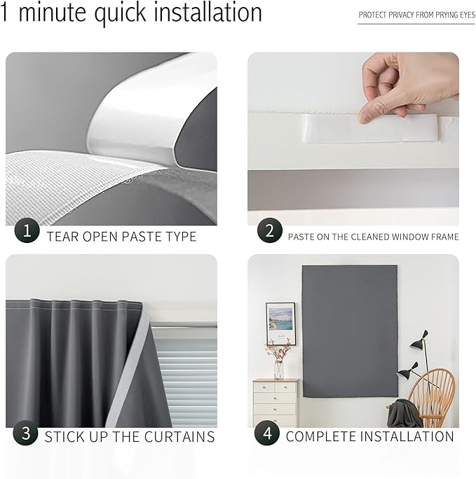 Magic Tape Blackout Curtains for Bedroom No Drillng Self Adhesive Curtains No Rod Small Window, 59" W X 96" L, Grey, 1 Panel