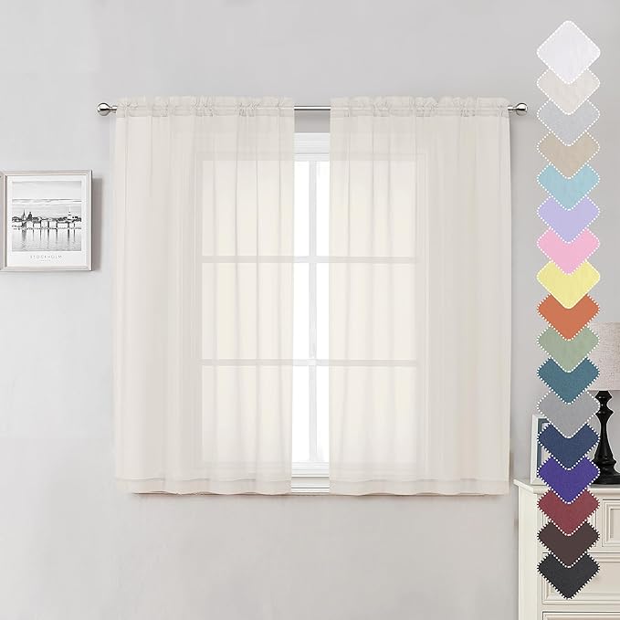 Lecloud Short Sheer Curtains 54 Inches Length 2 Panels, Light Filtering Voile Curtain Drapes for Half Window Kitchen Bedroom, Basic Rod Pocket Living Room Sheer Curtains, 40Wx54L Inches, Ivory
