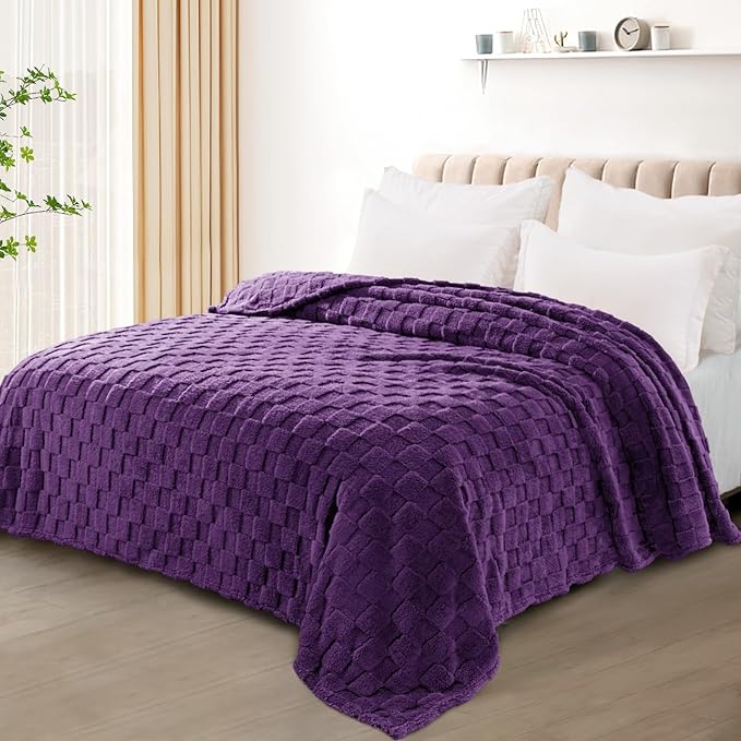 Exclusivo Mezcla Twin Size Flannel Fleece Blanket, Super Soft and Warm Lightweight Checkered Pattern Blankets for All Seasons, 60x80 Inches, Purple