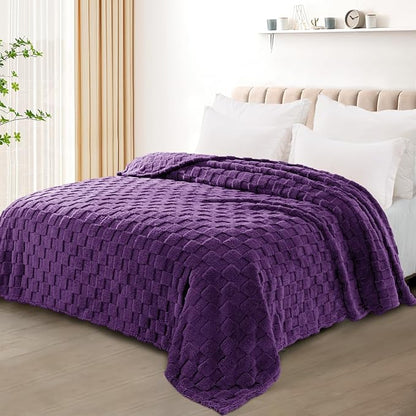 Exclusivo Mezcla Twin Size Flannel Fleece Blanket, Super Soft and Warm Lightweight Checkered Pattern Blankets for All Seasons, 60x80 Inches, Purple