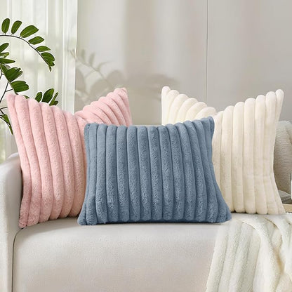decorUhome Cozy Faux Fur Throw Pillow Covers 22x22 Set of 2 Decorative Soft Plush Striped Modern Farmhouse Boho Couch Euro Sham Pillow Cases with Velvet Back for Sofa Bed Living Room, Grey Blue