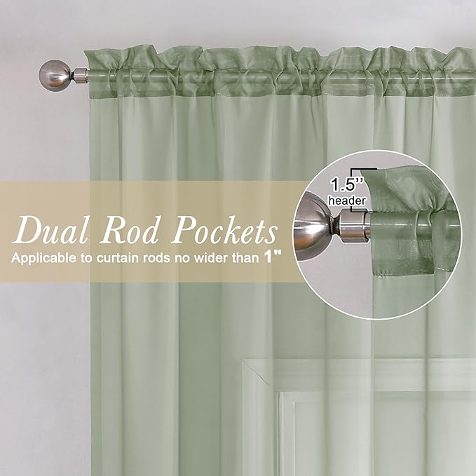 Lecloud Sage Green Sheer Curtains 84 Inches Long 2 Panels Set, Solid Airy Voile Sheer Curtain Drapes, Elegant Light Filtering Window Treatments for Living Room Bedroom, Dual Rod Pocket, 59" W x 84" L