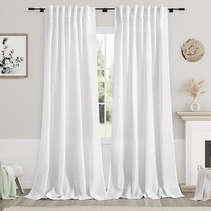 Nanspring White Extra Long Curtains 2 Panels Set 111 Inches Long for Dinning Room Back Tab Rod Pocket Light Filtering Semi Sheer Drapes Linen Textured Window Curtain for Bedroom 52x111
