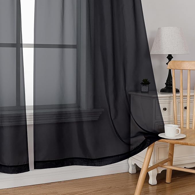 Simplebrand Rod Pocket Top Solid Voile Sheer Curtains for Bedroom, 54 Inch Length Drapes Set of 2, Lightweight and Light Filtering Elegant Black Curtains Panels Window Treatment, 42W×54L, Black