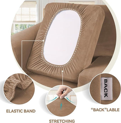 WEERRW Velvet Stretch Chair Sofa Slipcover - 2 Pieces Luxury Soft Velvet Plush Couch Cover Furniture Protector with Elastic Bottom for Pets, Machine Washable, Camel, Small