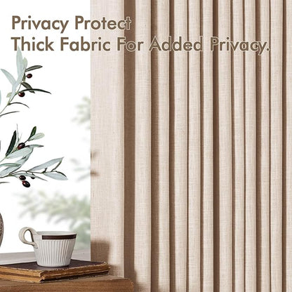 MIULEE Pinch Pleated Thick Linen Curtains 84 Inches Long 2 Panels for Living Room Bedroom, Linen Textured Memory Trained Drapes Pleat Back Tab Light Filtering Sand Beige Window Curtains with Hooks