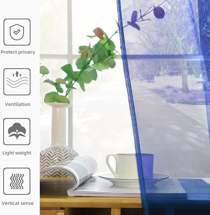 youleyar Solid Sheer Rod Pocket Curtain Voile Draperies 2 Panels White Beige Black Grey Coffee 52 Inch Width 45 Inch Long 1 Pair for Kitchen Bedroom Children Living Room Yard (Sapphire,52Wｘ45L)