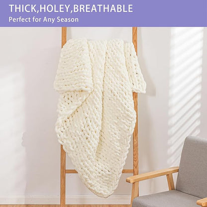Bigacogo Chunky Knit Throw Blanket for Couch, 40x40 inches, 100% Hand Knitted with Thick Jumbo Chenille Yarn, Cozy Soft Large Rope Knot Cable Crochet Blankets for Sofa Bed Living Room, Ivory