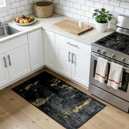 Washable Area Rugs 2'x4' Non-Slip Modern Abstract Soft for Living Room Entryway Bedroom Nursery, Print Pattern, Dark Black Gold