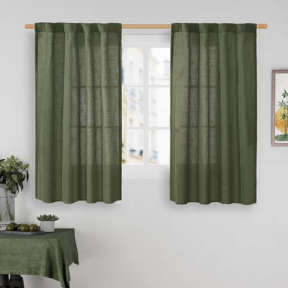 LAMIT Semi Sheer Window Linen Curtains 54 Inch Length, Light Filtering Panels Back Tab and Rod Pocket Christmas Drapes for Bedroom/Living Room, Olive Green, 2 Panels, 34 x 54 Inch