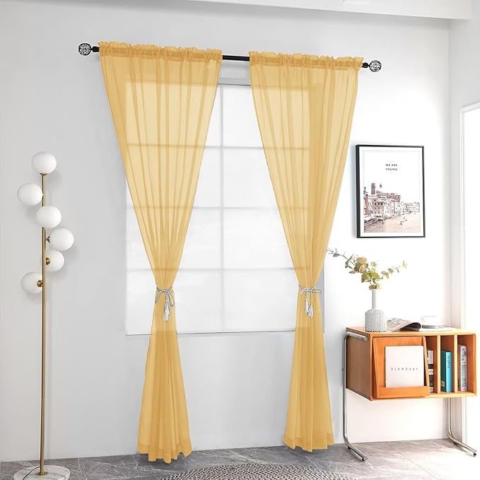 youleyar Solid Sheer Rod Pocket Curtain Voile Draperies 2 Panels White Beige Black Grey Ivory 52 Inch Width 54 Inch Long 1 Pair for Kitchen Bedroom Children Living Room Yard (Gold,52Wｘ54L)