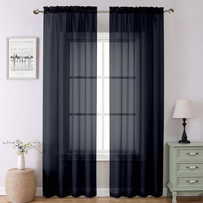 Lecloud Black Sheer Curtains 90 Inches Long 2 Panels Set, Privacy Voile Light Filtering Drapes, Airy Solid Window Curtains with Rod Pocket for Living Room Bedroom Basement, Each Panel 42" W x 90" L