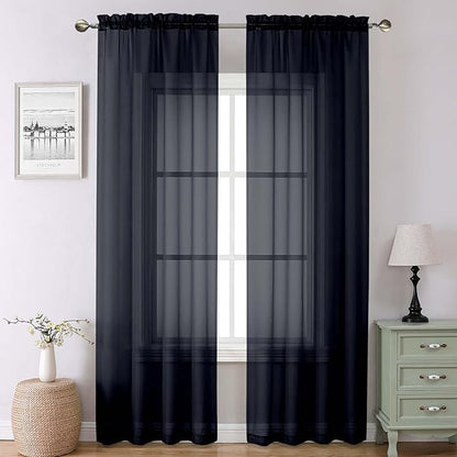 Lecloud Black Sheer Curtains 90 Inches Long 2 Panels Set, Privacy Voile Light Filtering Drapes, Airy Solid Window Curtains with Rod Pocket for Living Room Bedroom Basement, Each Panel 42" W x 90" L