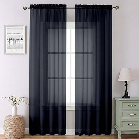 Lecloud Black Sheer Curtains 90 Inches Long 2 Panels Set, Privacy Voile Light Filtering Drapes, Airy Solid Window Curtains with Rod Pocket for Living Room Bedroom Basement, Each Panel 42" W x 90" L
