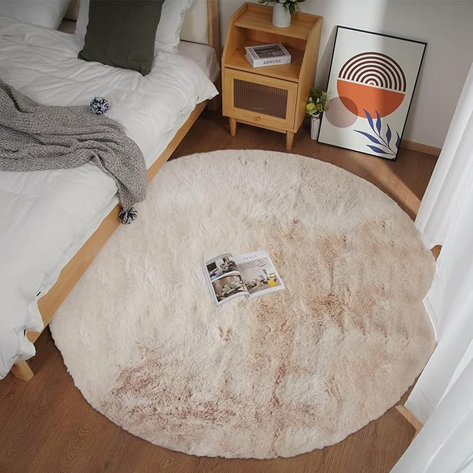 Ghouse Faux Rabbit Fur Round Rug 6ft Light Brown Beige Round Rugs for Bedroom Decor Fluffy Area Rugs for Living Room, no-Shedding Carpet Sheepskin Washable Rug Rome Decor