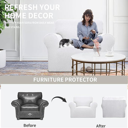 Easy-Going Stretch Oversized Chair Sofa Slipcover 1-Piece Couch Sofa Cover Furniture Protector Soft with Elastic Bottom for Kids Spandex Jacquard Fabric Small Checks Snow White
