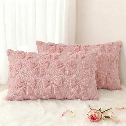 decorUhome Pink Bow Pillow Covers Set of 2 Coquette Aesthetic Cute Preppy Plush Faux Pillowcases for Girly Bedroom or Couch 12x20 Inch