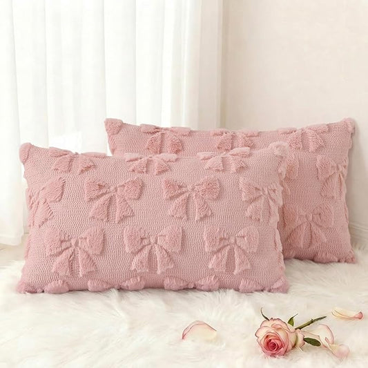 decorUhome Pink Bow Pillow Covers Set of 2 Coquette Aesthetic Cute Preppy Plush Faux Pillowcases for Girly Bedroom or Couch 12x20 Inch