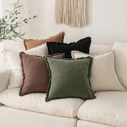 MIULEE Decorative Throw Pillow Covers Neutral Linen Fringe Throw Pillows Euro Shams Set of 2 Dark Coffee Boho Farmhouse Cushion Covers for Couch Sofa Bed Living Room Spring Home Decor 22x22 Inch