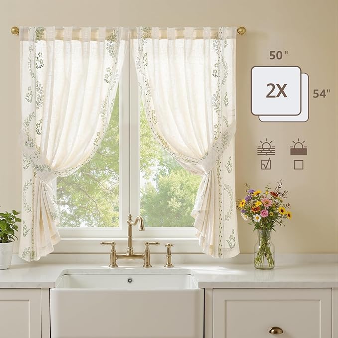 jinchan Belrose Linen Floral Cafe Curtains 54 Inch Length Embroidered Farmhouse Curtains for Kitchen Bedroom Bathroom Small Windows Curtain Set Light Filtering 2 Panels Sage Green