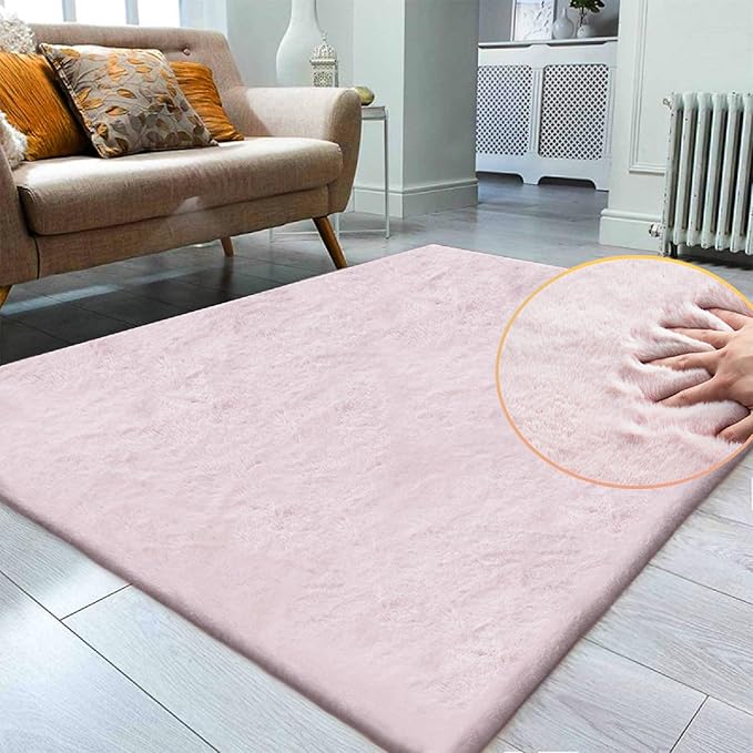 ORINOVA Pink Fuzzy Faux Rabbit Washable Fur Rug for Girls Bedroom 4x6 Shag Area Rugs for Living Room Boho Nursery Rug