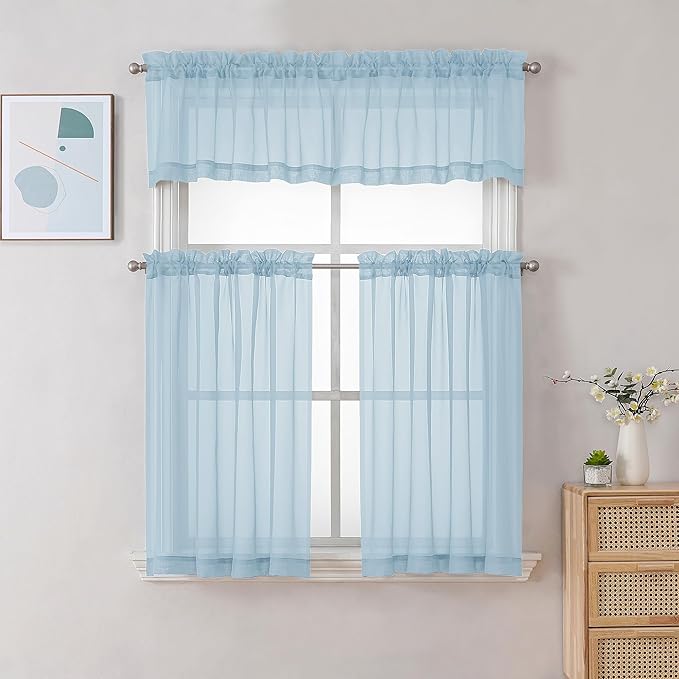 Chyhomenyc Sky Blue Sheer Curtains 36 inch Length 2 Panels, Light Filtering Voile Light Blue Short Window Curtians for Bathroom Living Room Farmhouse Small Windows, 42Wx36L inches
