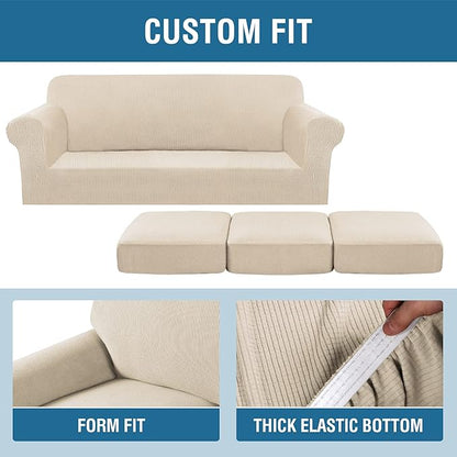 H.VERSAILTEX 4 Piece Stretch Couch Covers for 3 Cushion Couch Sofa Furniture Slipcovers Feature Upgraded Thicker Jacquard Fabric (Sofa, Natural)