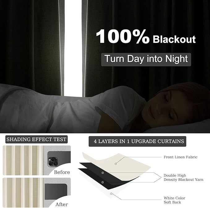 Topfinel Extra Long Total Blackout Linen Ceiling Curtains 108 Inches Long for Large Window Track System, Cream Pleated Cold Blocking Acoustic Heavy Ivory Track Tall Curtains 2 Panels 9 FT Beige