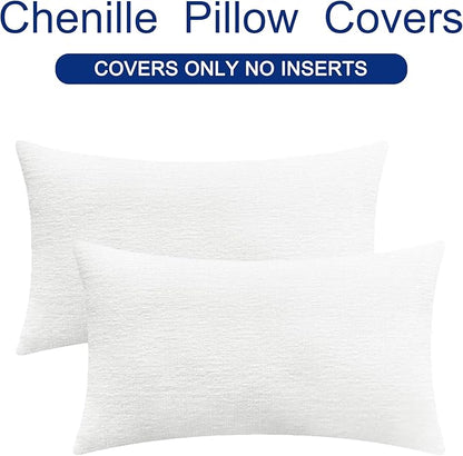 CaliTime Throw Pillow Covers Decorative 16 X 26 Inches Pack of 2 Cozy Chenille Cushion Cases for Couch Sofa Bed Living Room Home True White