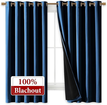 NICETOWN 100% Blackout Curtains with Black Liners, Thermal Insulated Full Blackout 2-Layer Lined Drapes, Energy Efficiency Window Draperies for Bedroom (Moroccan Blue, 2 Panels, 70" W by 63" L)