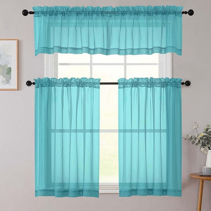 Turquoise Valances for Windows, Turquoise Sheer Curtains 14 Inch Length 2 Pack Kitchen Drapes, Modern Solid Mini Small Window Curtains for Cafe Bathroom Basement, Each 42" Wx14 L Inches
