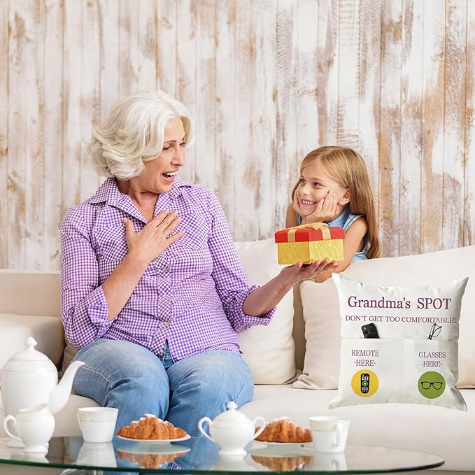 ONFAON Grandma Gifts, Grandma's Spot Throw Pillow Covers 18x18 Inch,Birthday Christmas Thanksgiving Day Gifts for Grandma Mom,2-Pocket