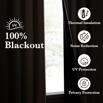 NICETOWN 100% Blackout Tan Curtains 96 inch Long, Grommet Thermal Insulated Portable Travel Blackout Window Treatment Easy to Install for Living Room/Bedroom, W52 x L96, 2 Panels