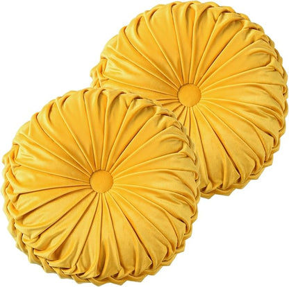 HIG Set of 2 Yellow Ruched Velvet Round Throw Pillows – 14.5’’ Decorative Pillows with Soft Polyester Filling for Couch, Bed, Living Room, Bedroom, or Dorm – Handmade, Stress Relieving, All-Season