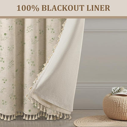 Boho Floral Spring 100% Blackout Curtains 84 Inch Length 2 Panels Set, Linen Texture Farmhouse Curtains with Beige Tassel for Living Room Bedroom, Vintage Rustic Rod Pocket,Green